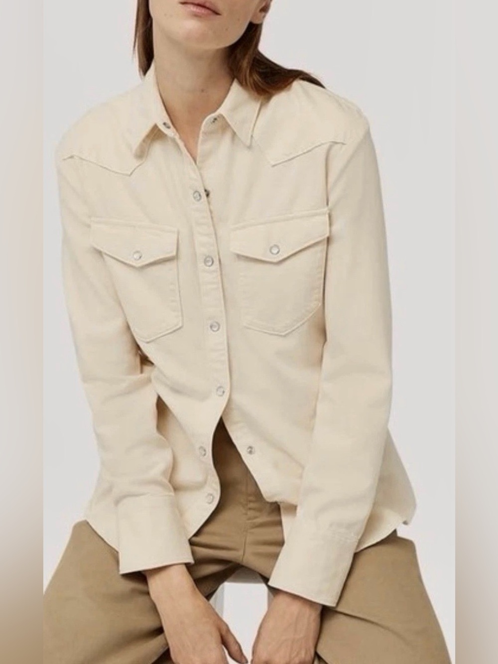 Rag & Bone Ecru Pearl Snap Western Shirt Medium Ivory Cotton Lyocell Shacket